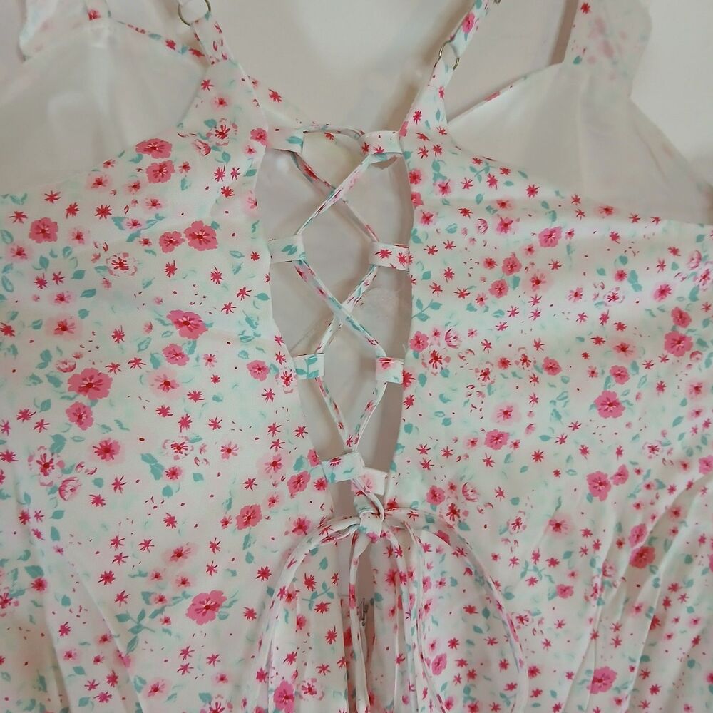 White Pink Floral Summer Dress Criss Cross Tie Back Small Ruffle - Picture 4 of 9